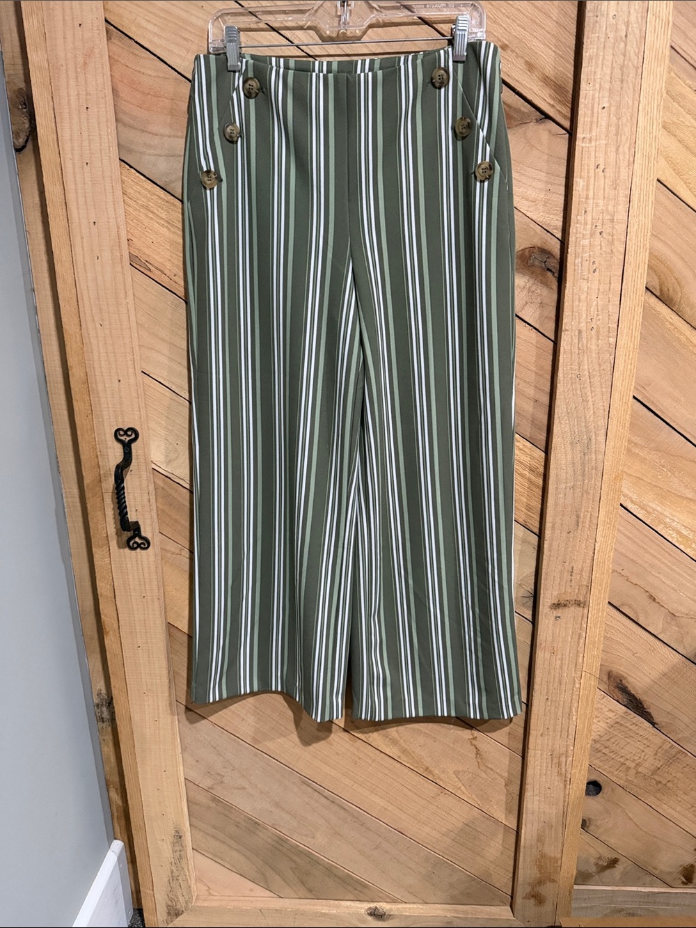 Cato Olive and White Striped Wide Leg Pants with Button Detail